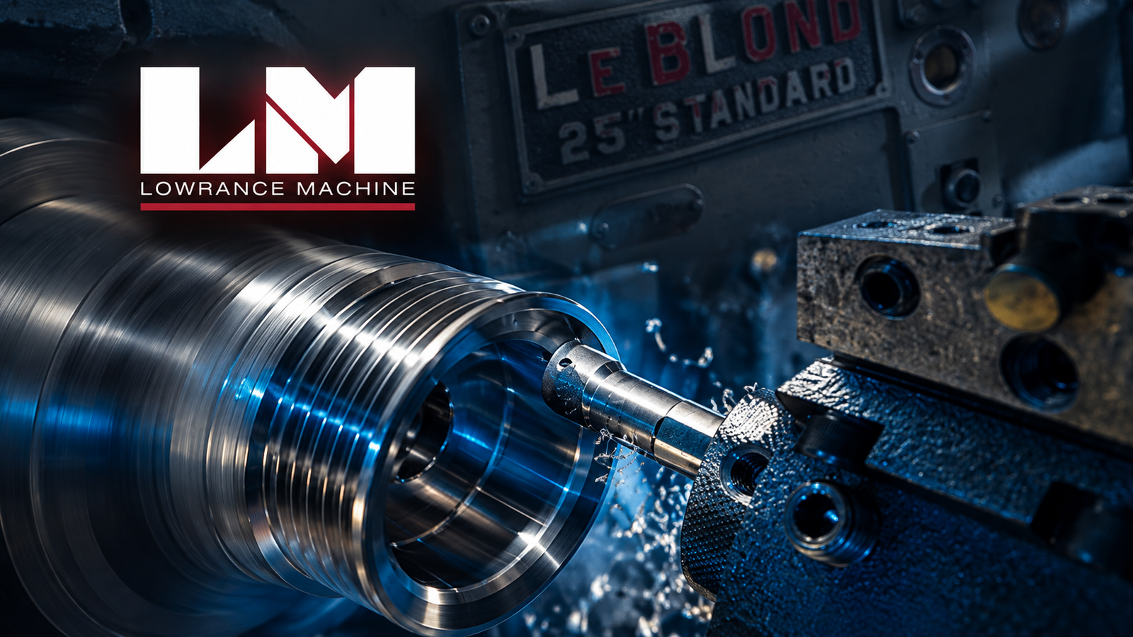 Lowrance Machine logo with a precision metal part being machined on a lathe